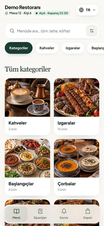 Masa 12 için açılan menü: masa ve kişi bilgisi, arama ve fotoğraflı kategoriler