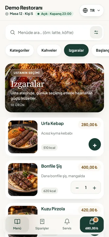 QRordine müşteri menüsü: Masa 12'de ızgaralar kategorisi, sepette 2 ürün